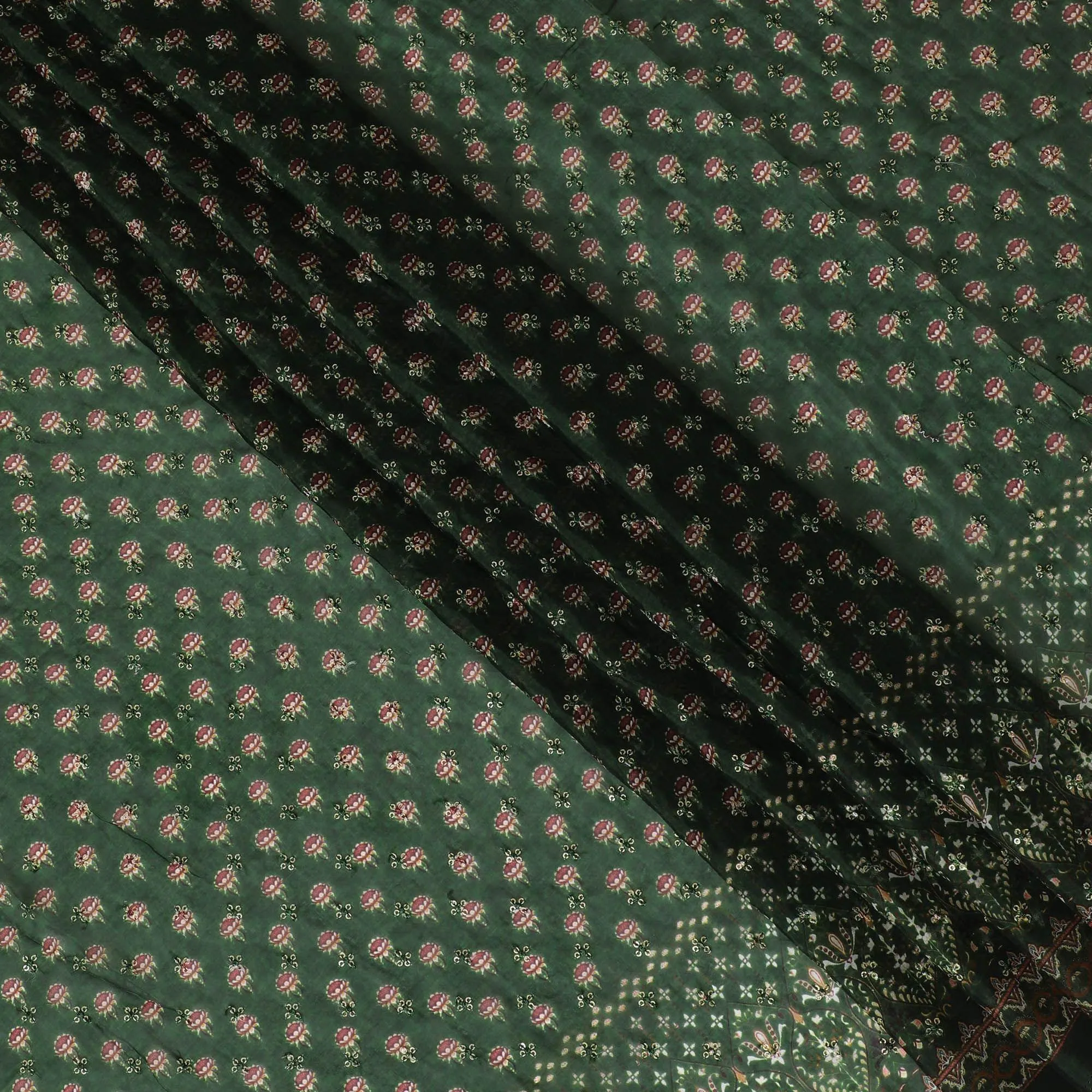 Bottle green synthetic chiffon fabric with same tone sequin embroidery in floral design-D15436