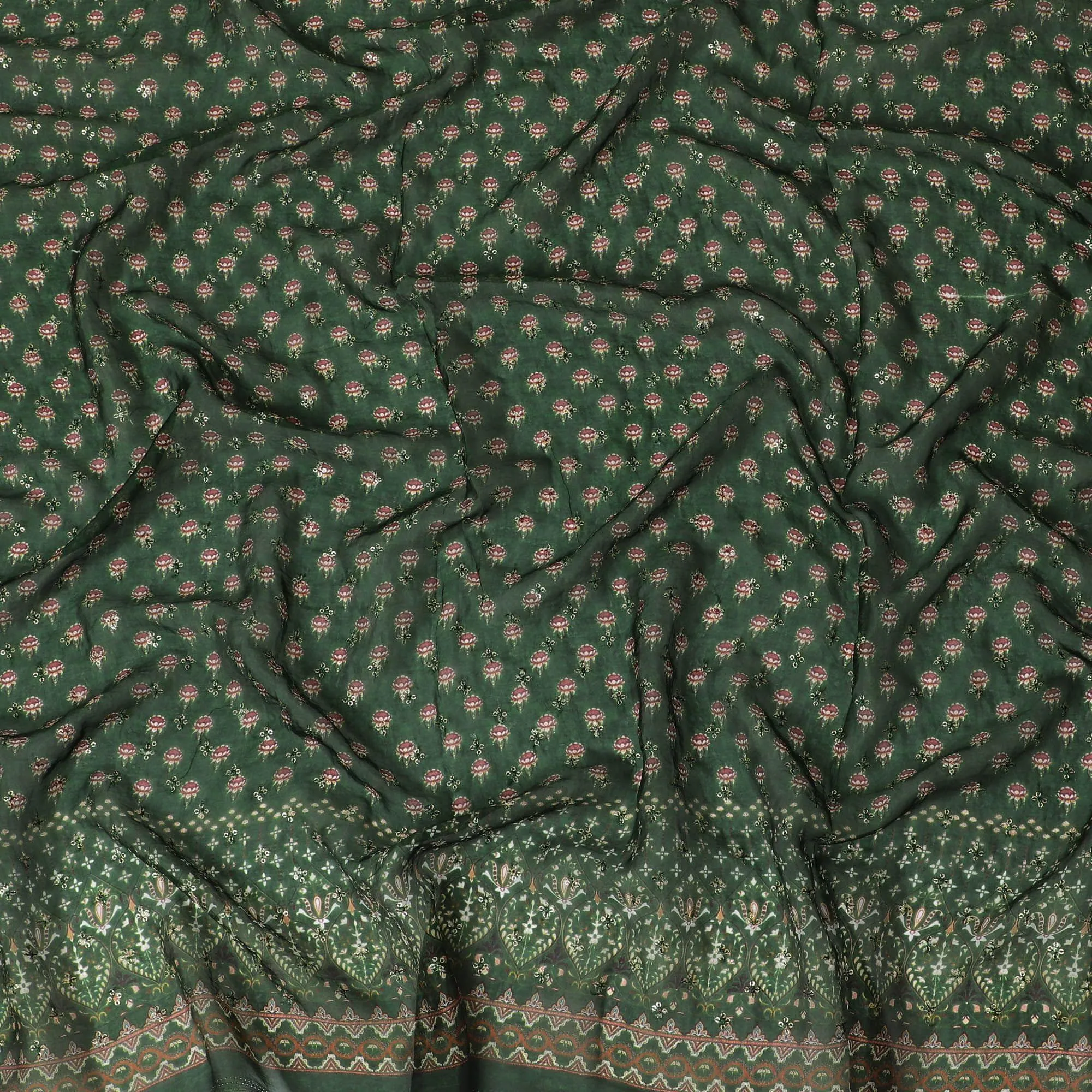 Bottle green synthetic chiffon fabric with same tone sequin embroidery in floral design-D15436