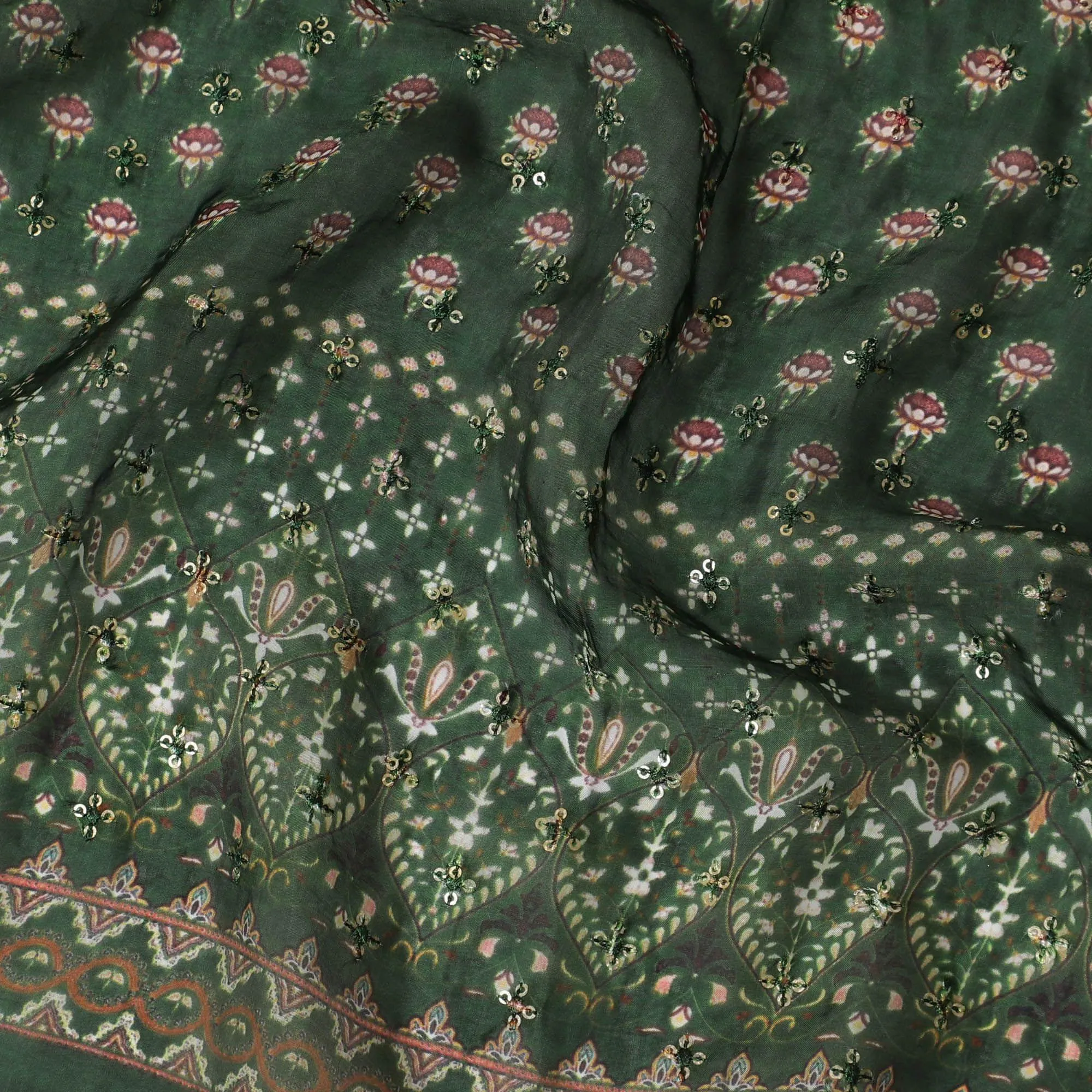 Bottle green synthetic chiffon fabric with same tone sequin embroidery in floral design-D15436