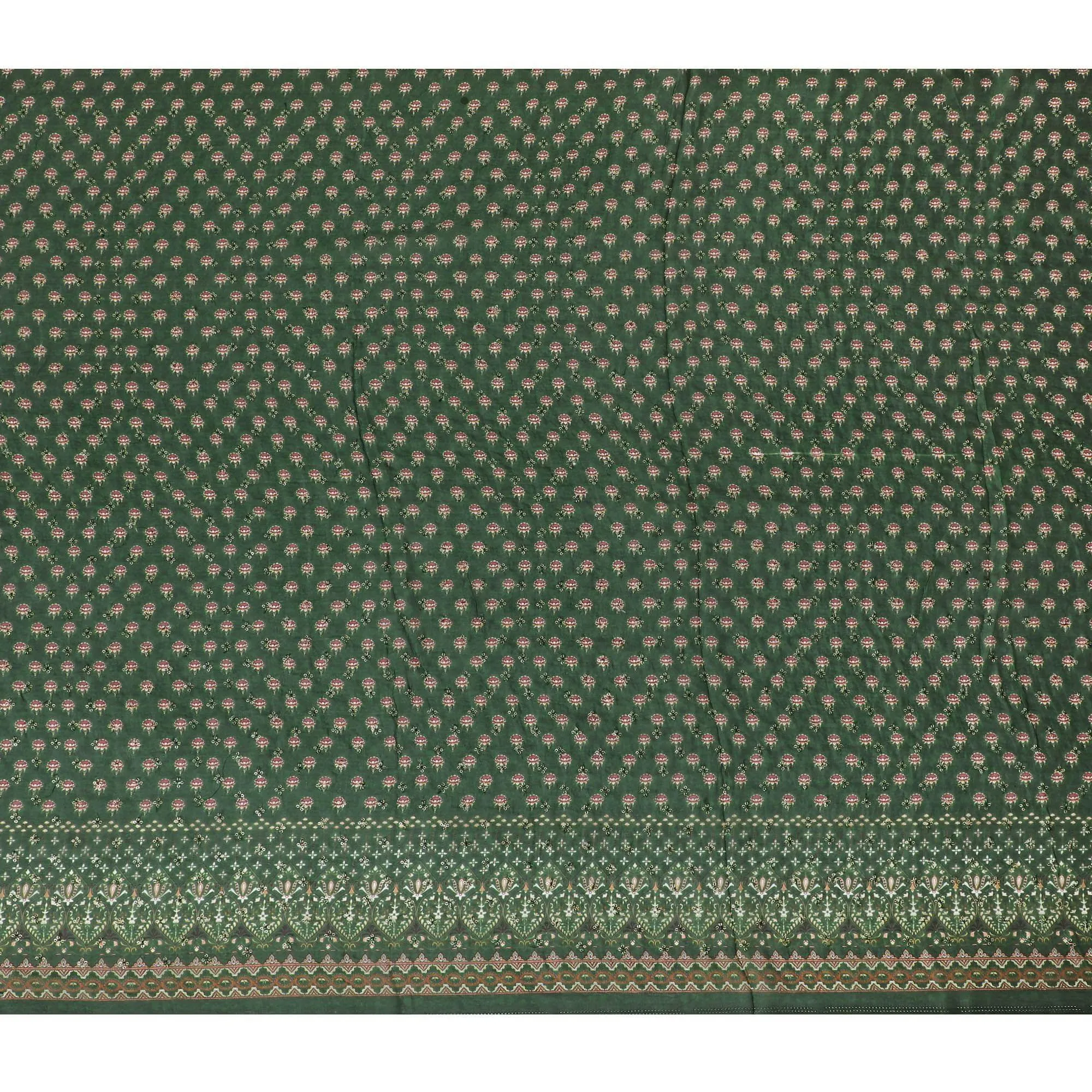 Bottle green synthetic chiffon fabric with same tone sequin embroidery in floral design-D15436