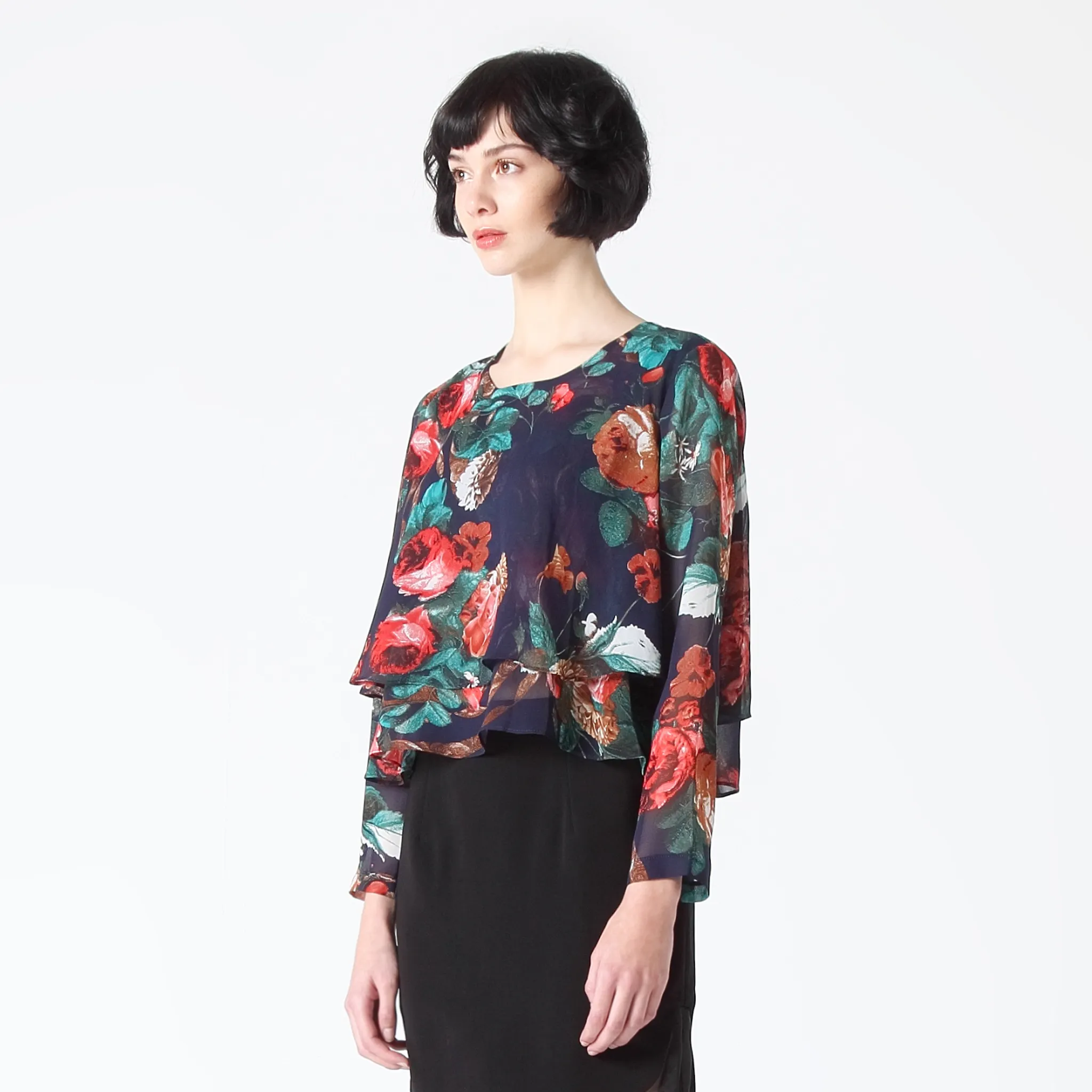 Double Layer Flare Top in Winter Floral Print