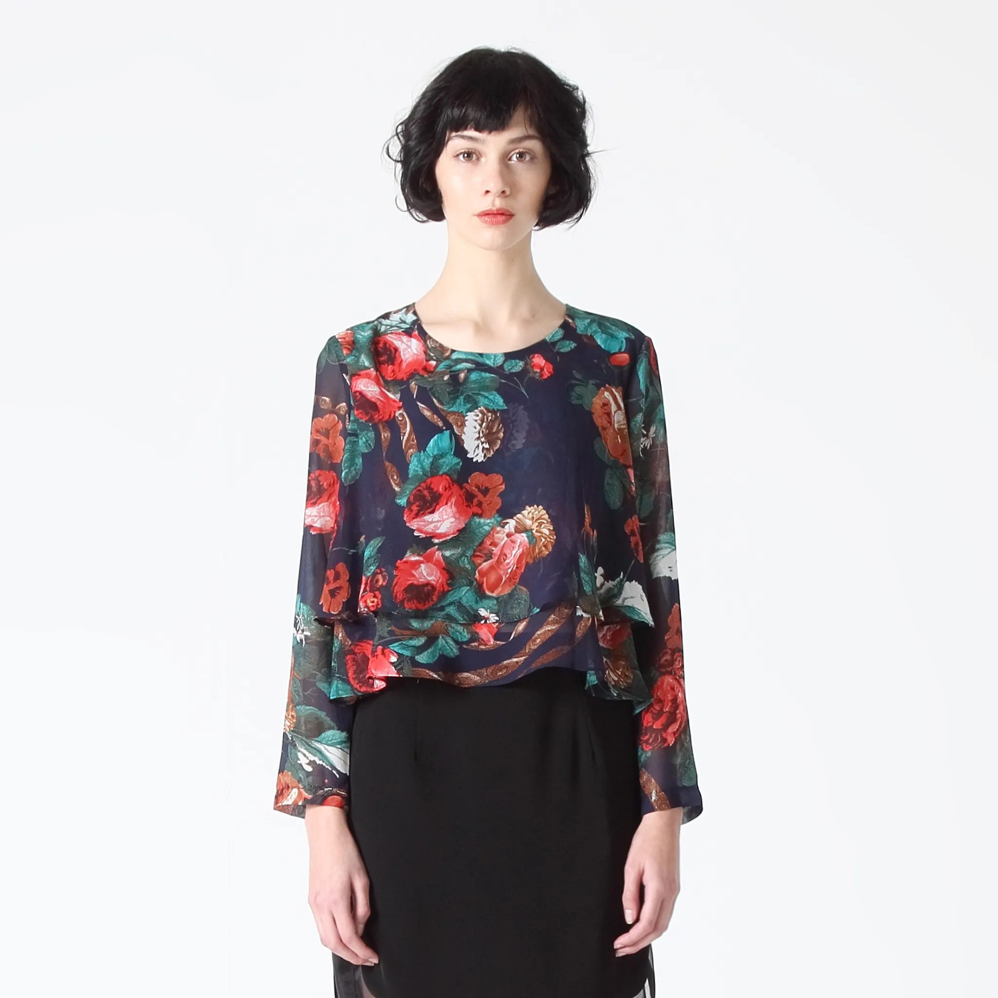 Double Layer Flare Top in Winter Floral Print