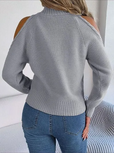 Explore More Collection - Cable-Knit Turtleneck Cold Shoulder Sweater