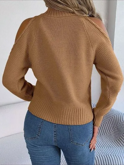 Explore More Collection - Cable-Knit Turtleneck Cold Shoulder Sweater