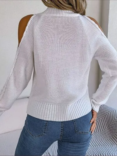 Explore More Collection - Cable-Knit Turtleneck Cold Shoulder Sweater