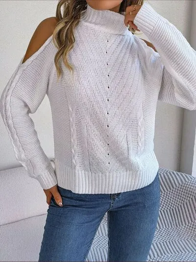 Explore More Collection - Cable-Knit Turtleneck Cold Shoulder Sweater