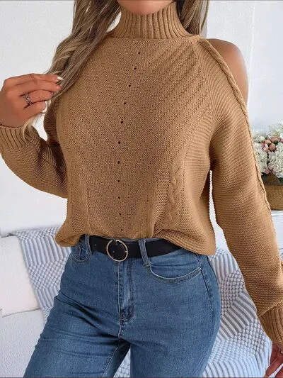 Explore More Collection - Cable-Knit Turtleneck Cold Shoulder Sweater
