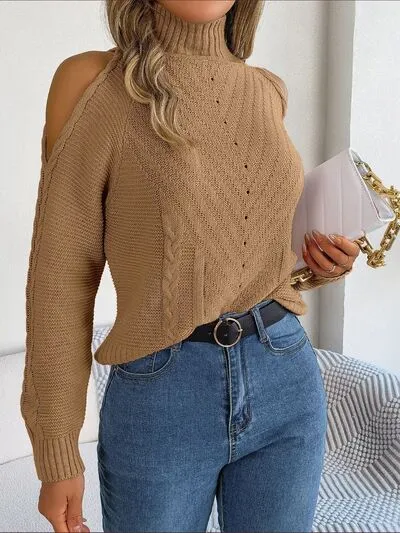 Explore More Collection - Cable-Knit Turtleneck Cold Shoulder Sweater