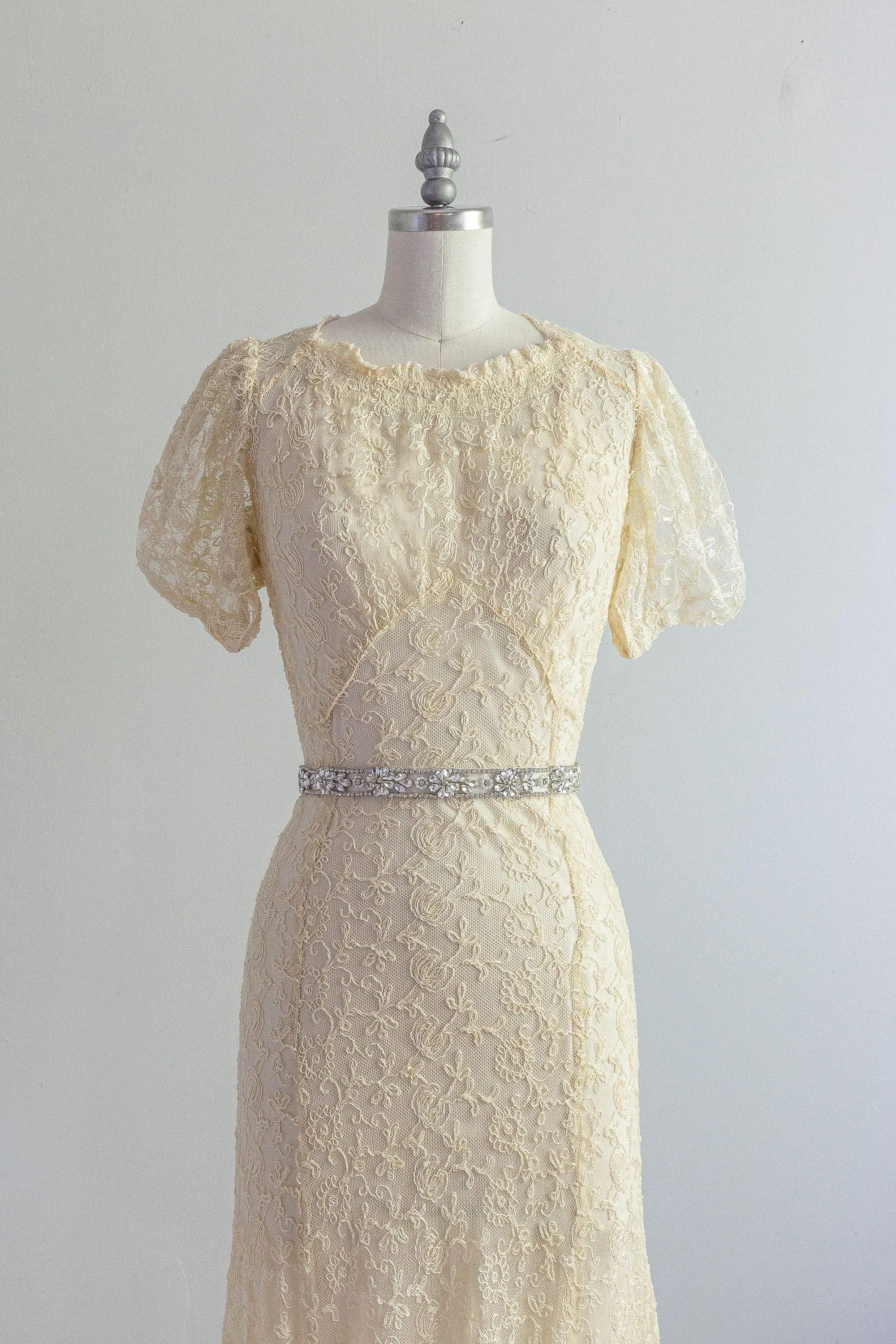 Exquisite 1930's Embroidered Net Wedding Gown With Slip and Belt / Small