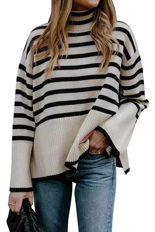 Febedress Turtleneck Side Split Striped Sweater