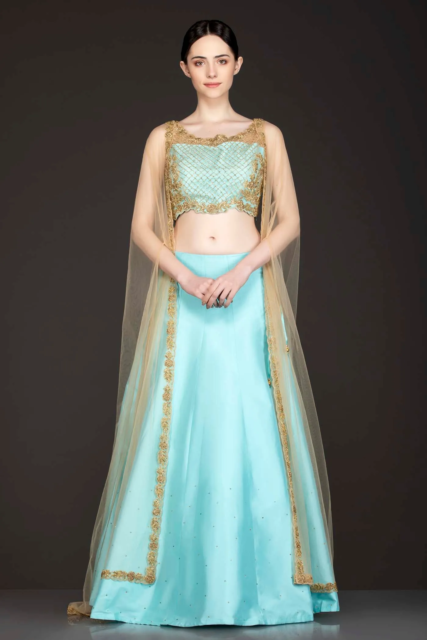 Ferozi Blue Silk Skirt Paired With A Gold Net Cape
