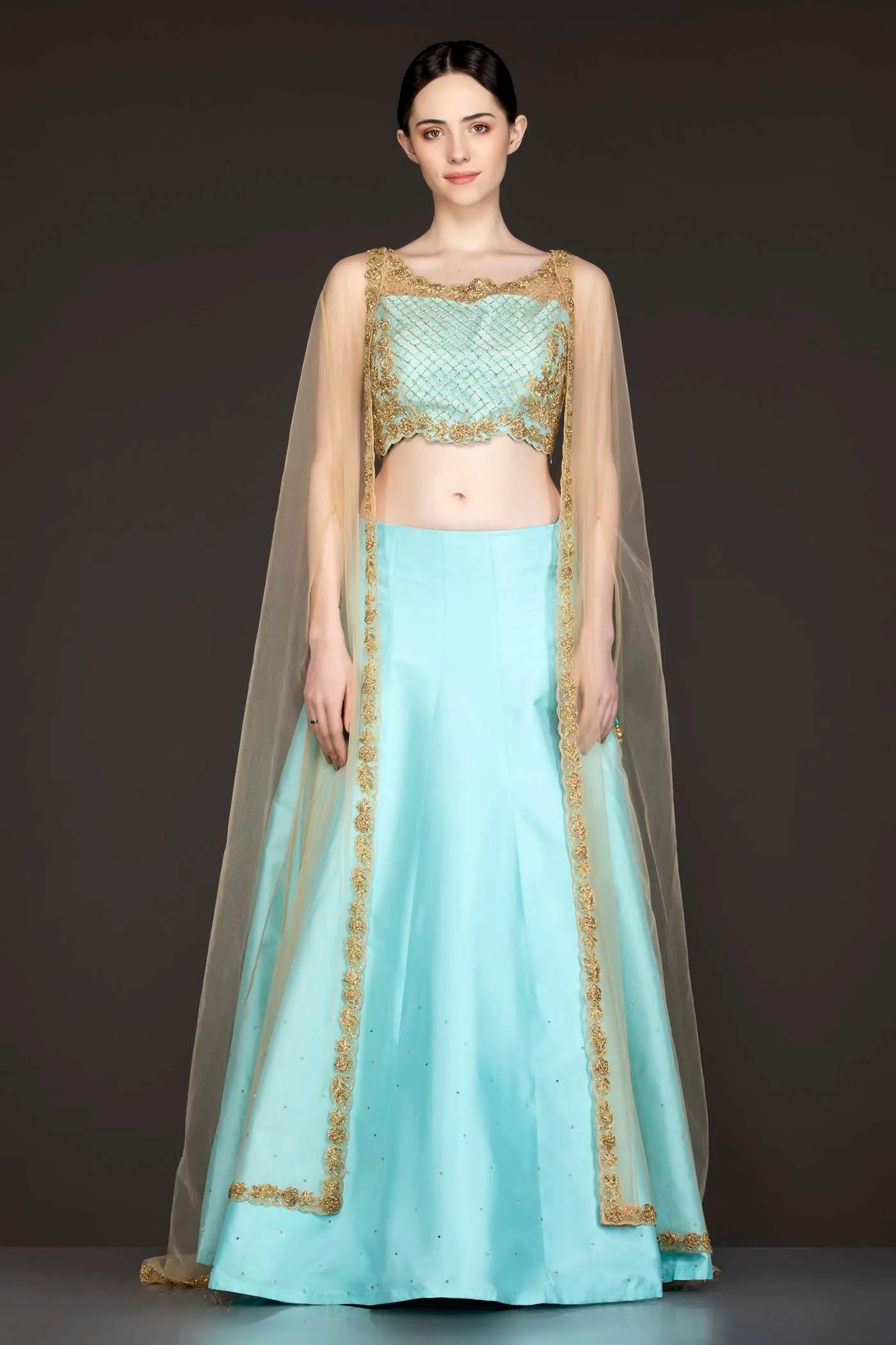 Ferozi Blue Silk Skirt Paired With A Gold Net Cape