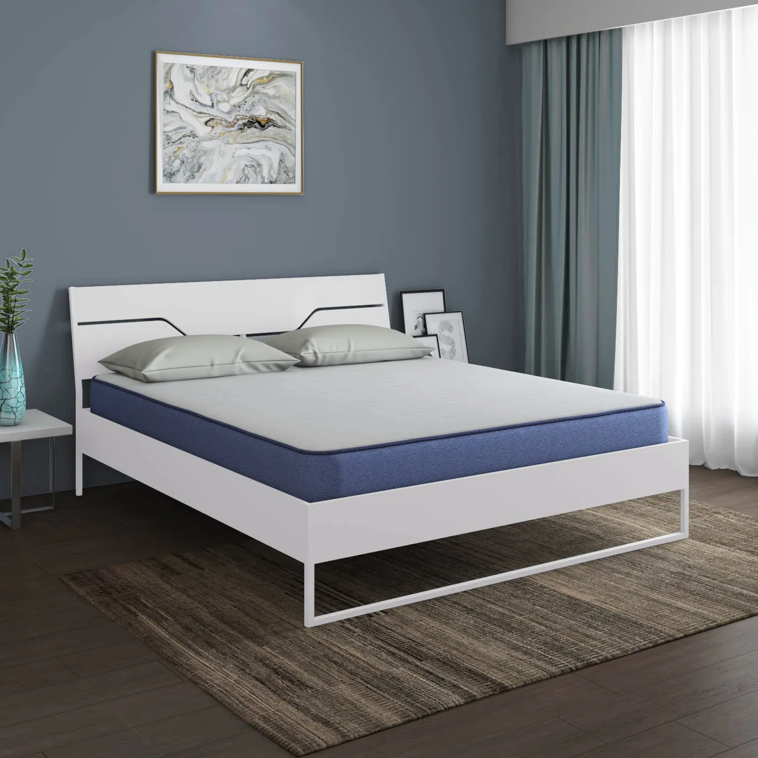 Grande Wood and Metal Hybrid Bed (White)   Plus Memory Foam Mattress (Queen)