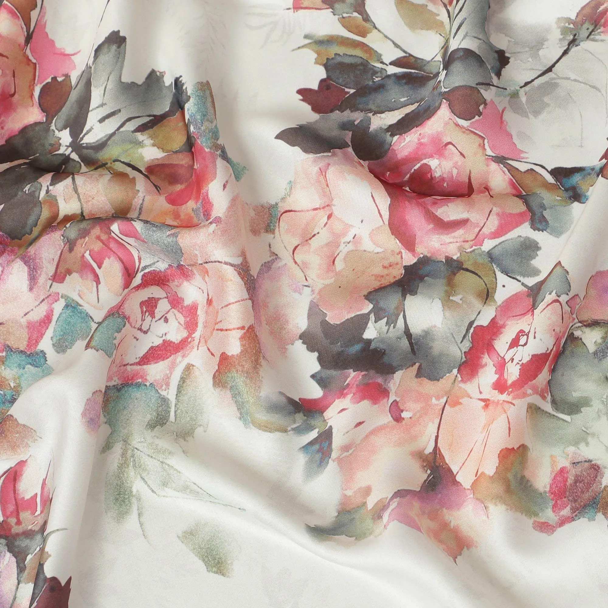 Ivory synthetic satin fabric with multicolor print in floral design-D10276