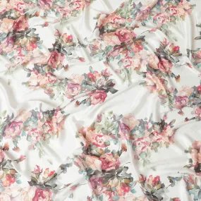 Ivory synthetic satin fabric with multicolor print in floral design-D10276