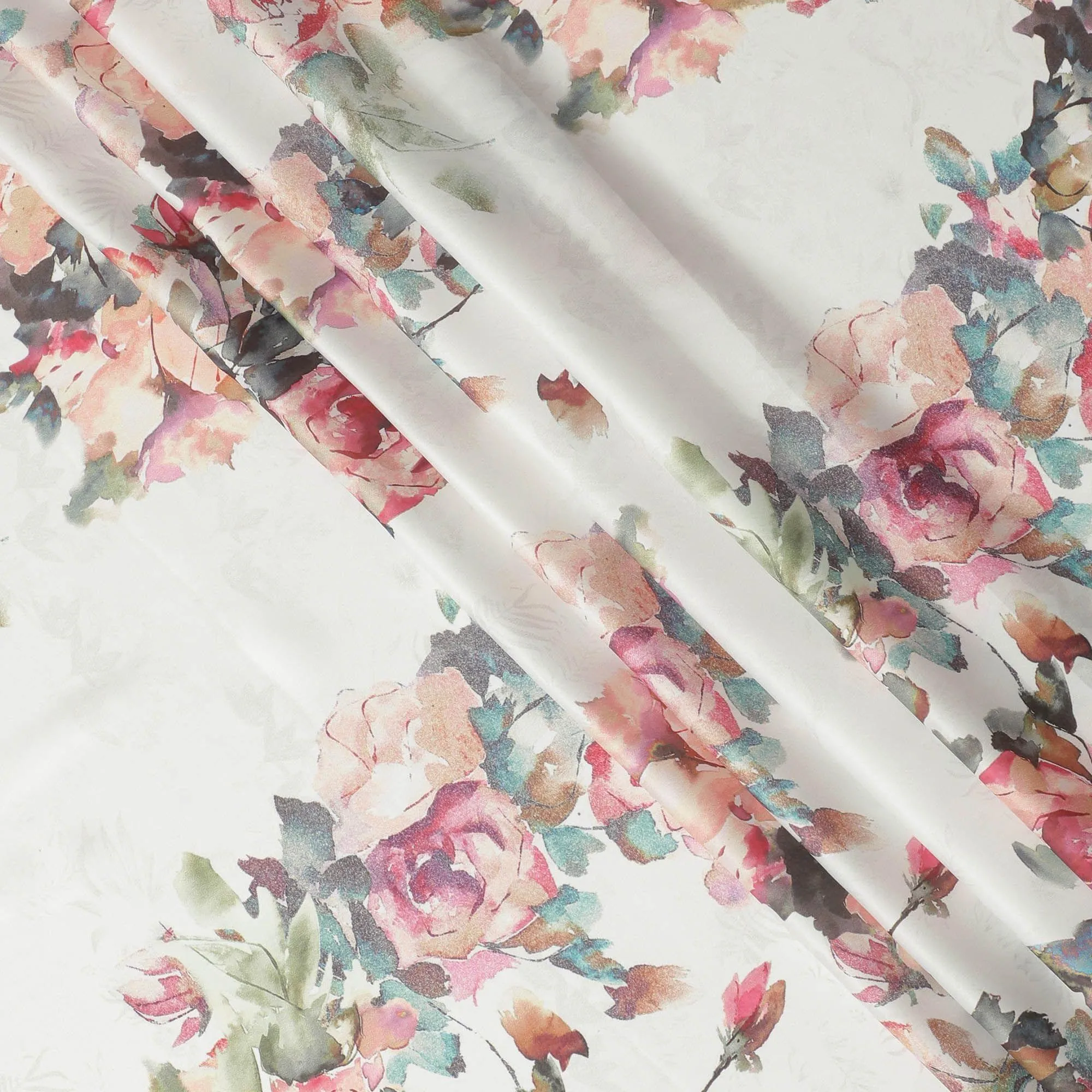 Ivory synthetic satin fabric with multicolor print in floral design-D10276