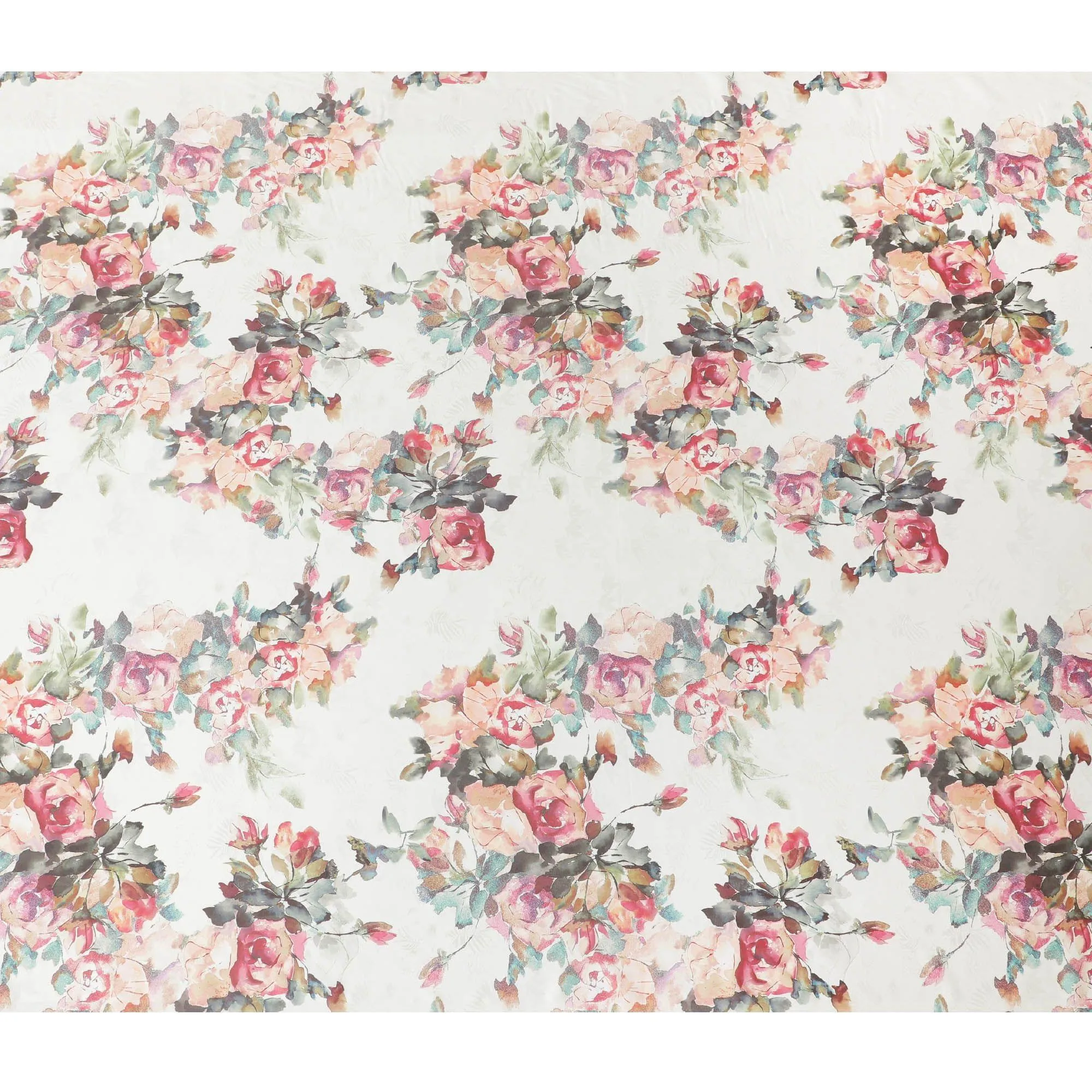 Ivory synthetic satin fabric with multicolor print in floral design-D10276