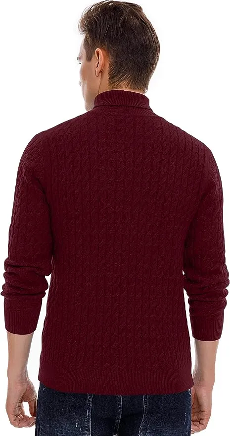 Men's Twisted Knitted Turtleneck Sweater Casual Soft Pullover Sweaters - Wine Red