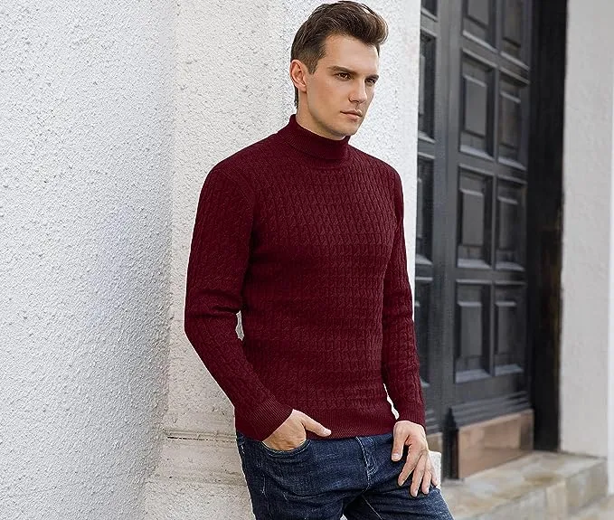 Men's Twisted Knitted Turtleneck Sweater Casual Soft Pullover Sweaters - Wine Red