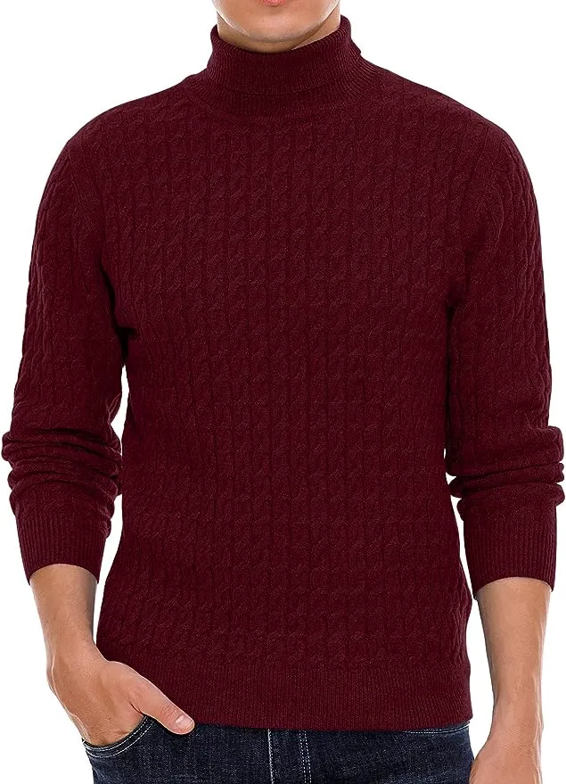 Men's Twisted Knitted Turtleneck Sweater Casual Soft Pullover Sweaters - Wine Red