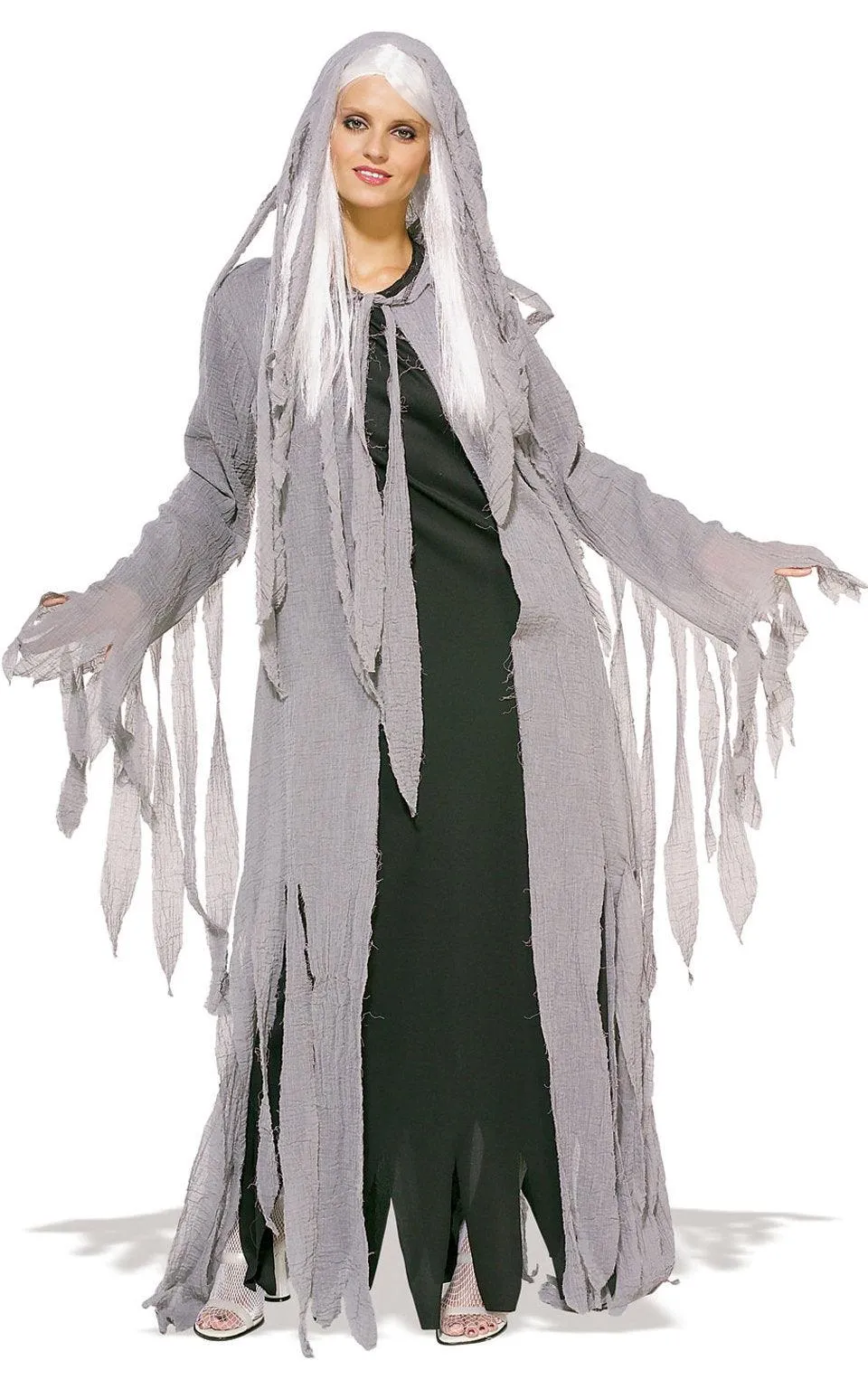 Midnight Spirit Fancy Dress Ladies Costume Ghost Ghoul Halloween Outfit   Wig STD