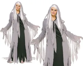 Midnight Spirit Fancy Dress Ladies Costume Ghost Ghoul Halloween Outfit   Wig STD