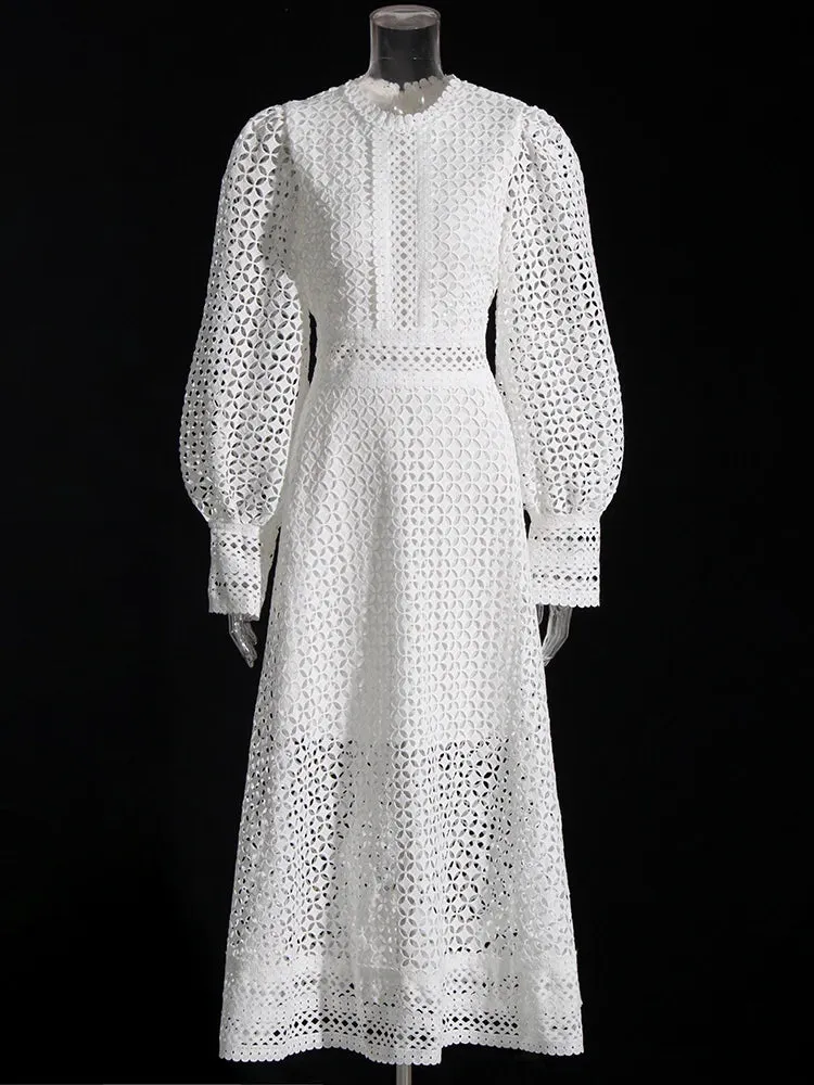 Minimalist Embroidered Cut-Out Lantern Sleeve Midi Dress