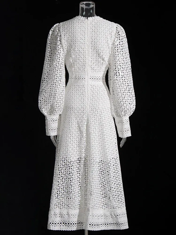 Minimalist Embroidered Cut-Out Lantern Sleeve Midi Dress