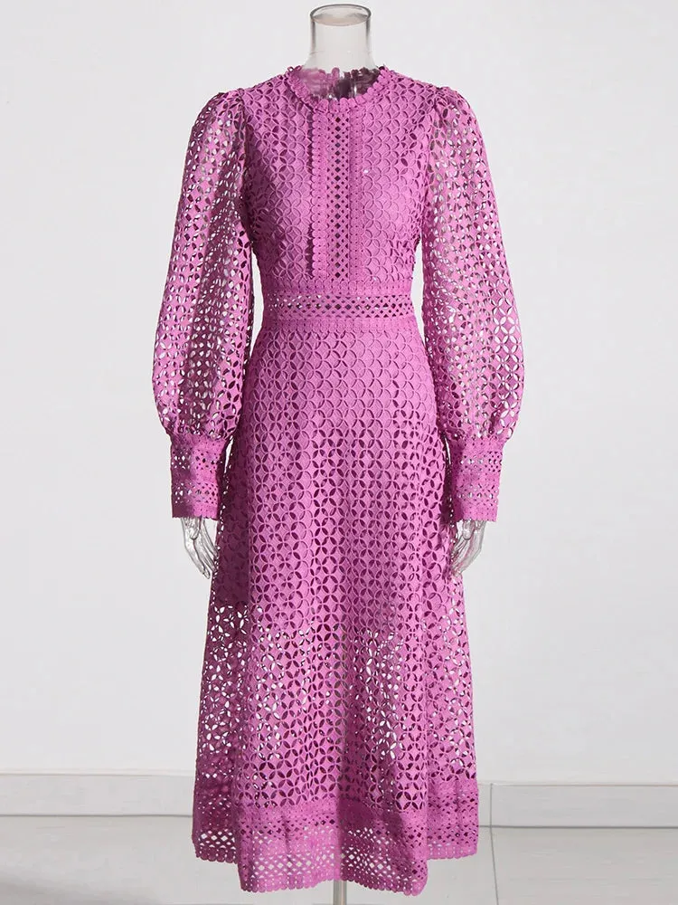 Minimalist Embroidered Cut-Out Lantern Sleeve Midi Dress