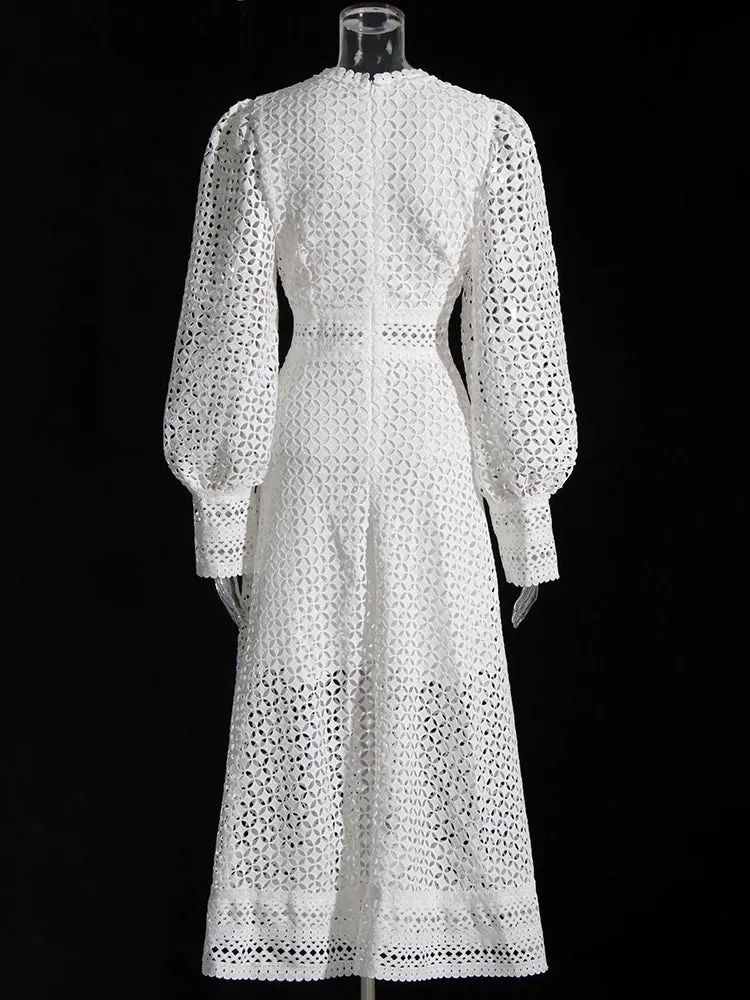 Minimalist Embroidered Cut-Out Lantern Sleeve Midi Dress