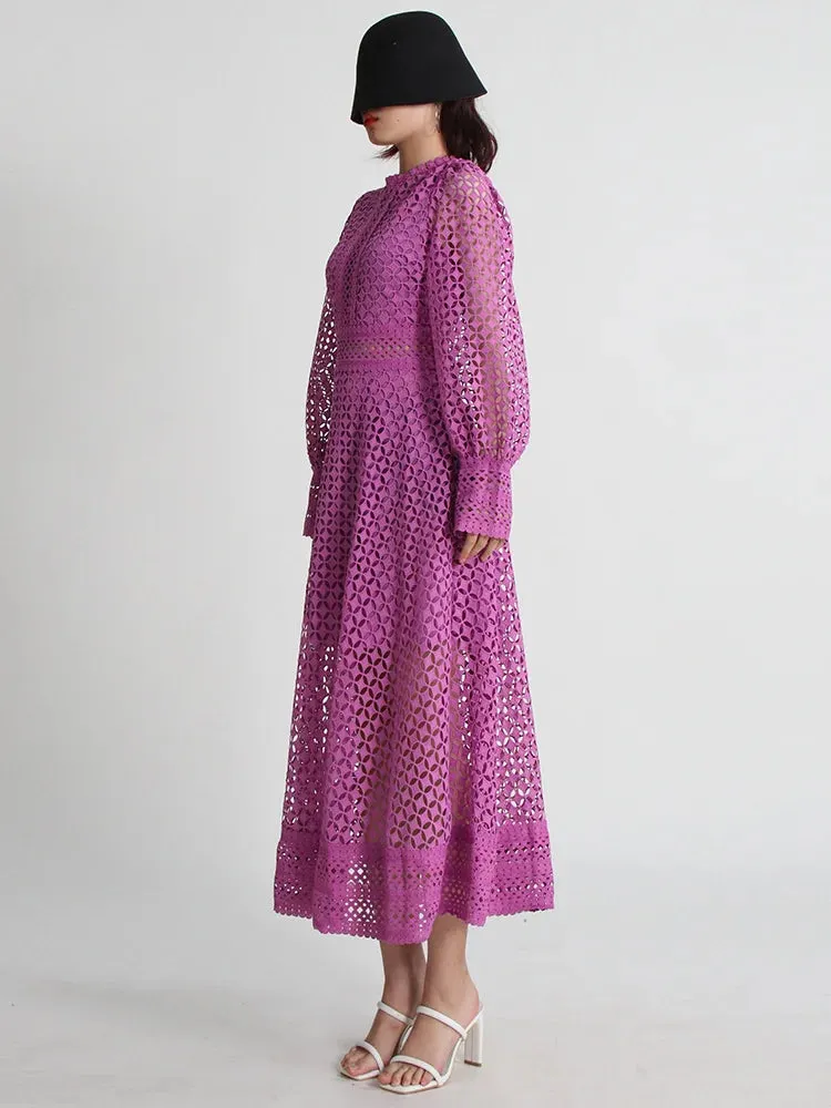 Minimalist Embroidered Cut-Out Lantern Sleeve Midi Dress