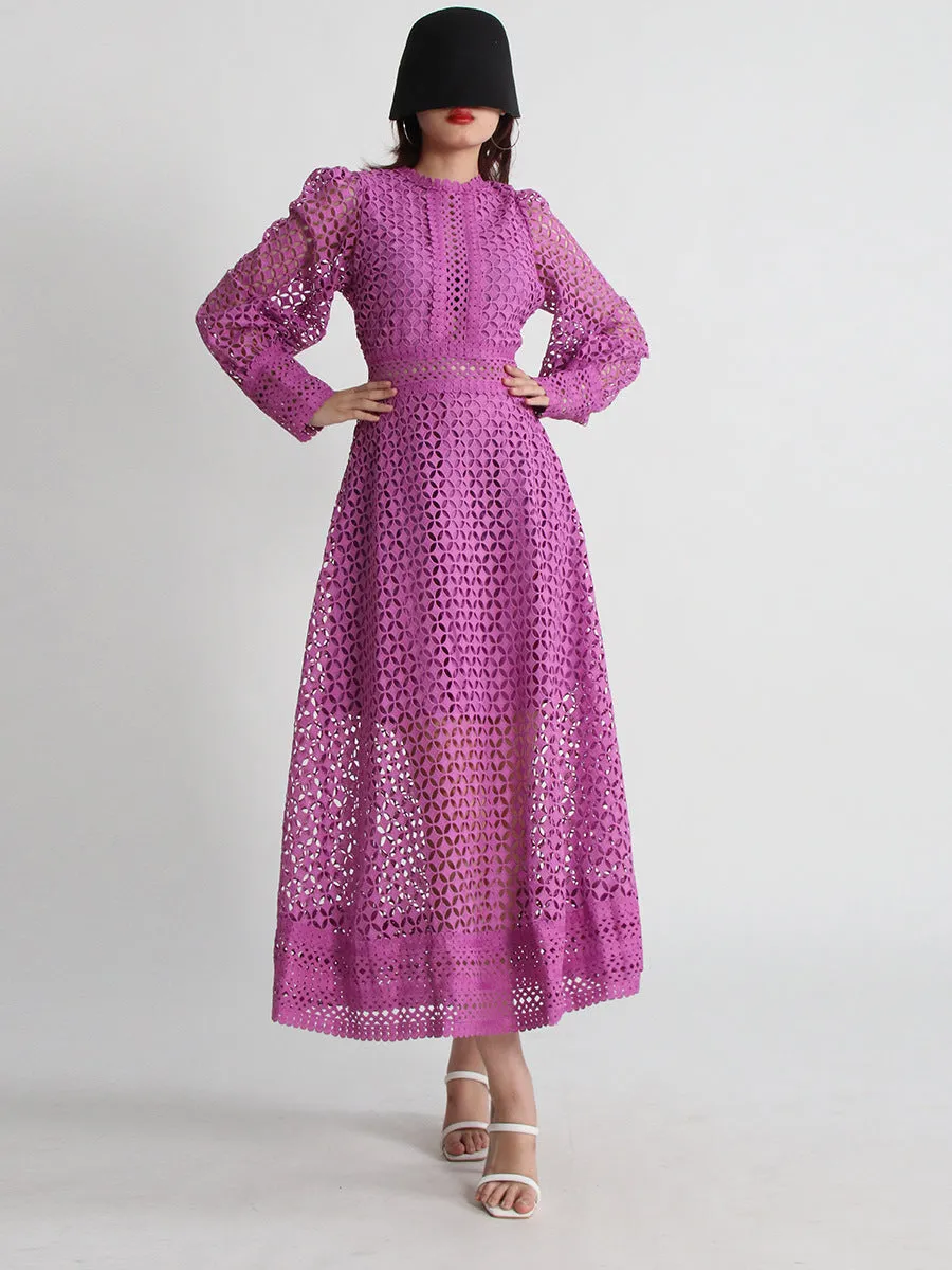 Minimalist Embroidered Cut-Out Lantern Sleeve Midi Dress