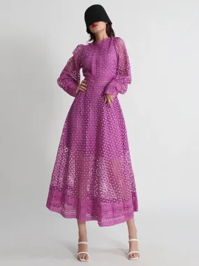 Minimalist Embroidered Cut-Out Lantern Sleeve Midi Dress
