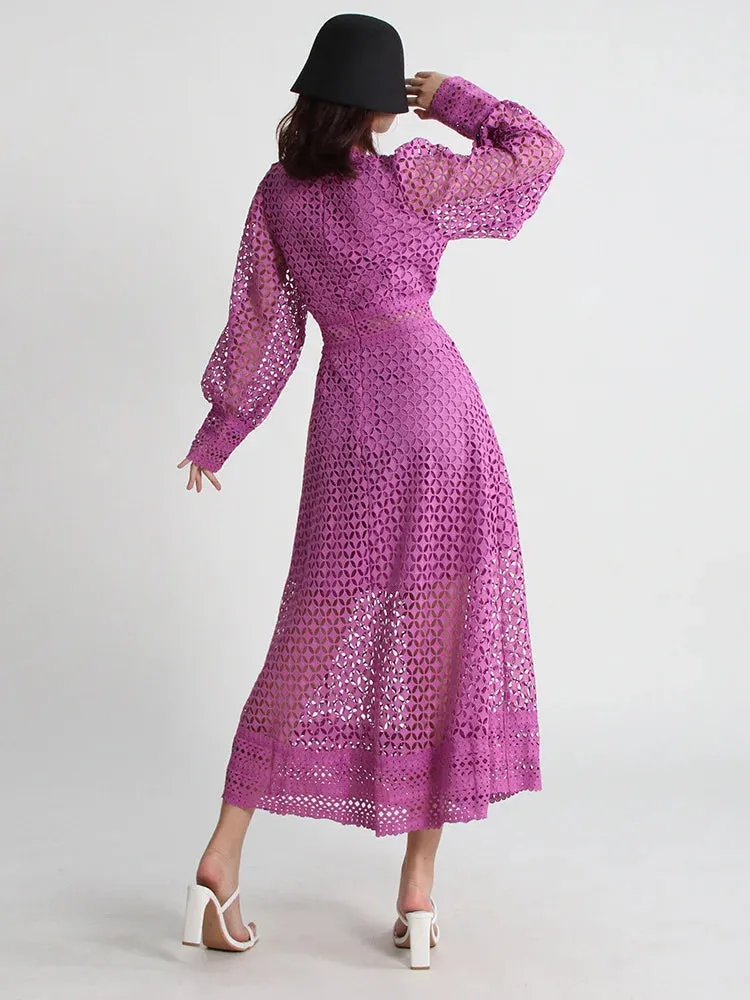 Minimalist Embroidered Cut-Out Lantern Sleeve Midi Dress