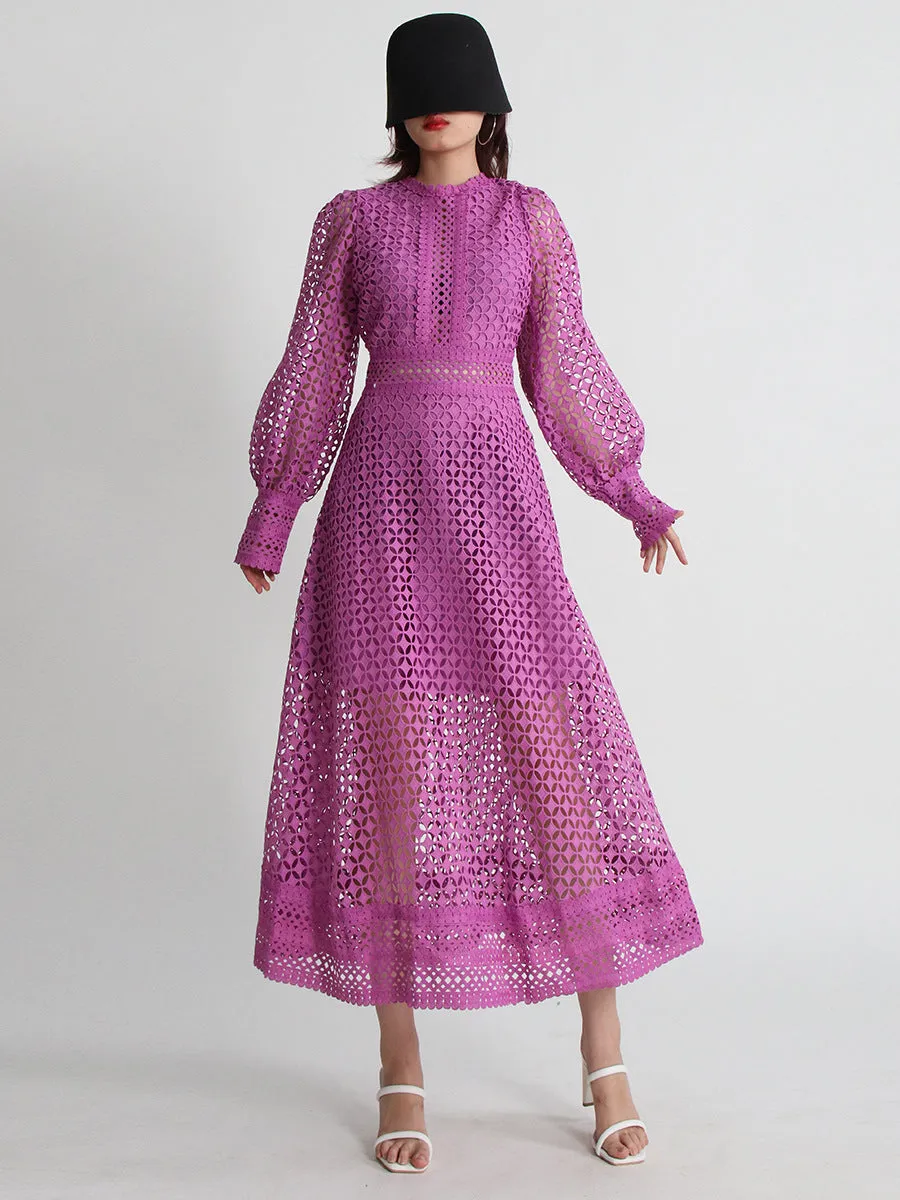 Minimalist Embroidered Cut-Out Lantern Sleeve Midi Dress