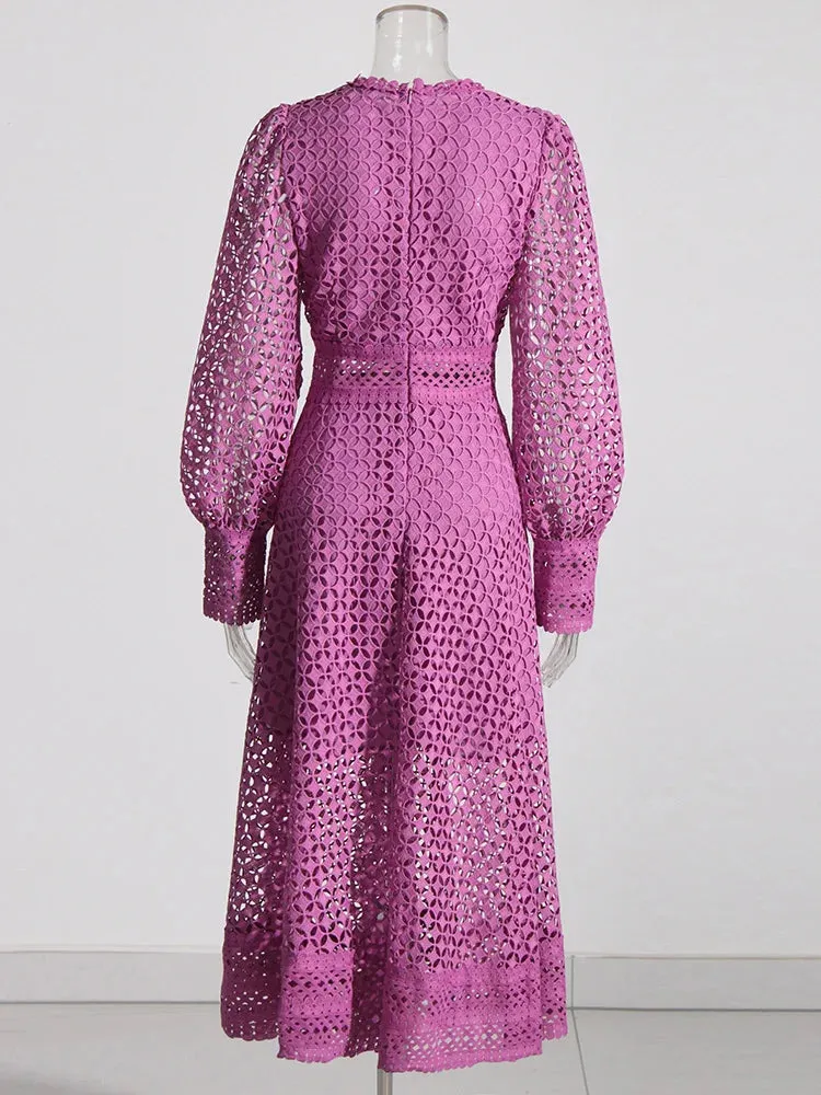 Minimalist Embroidered Cut-Out Lantern Sleeve Midi Dress