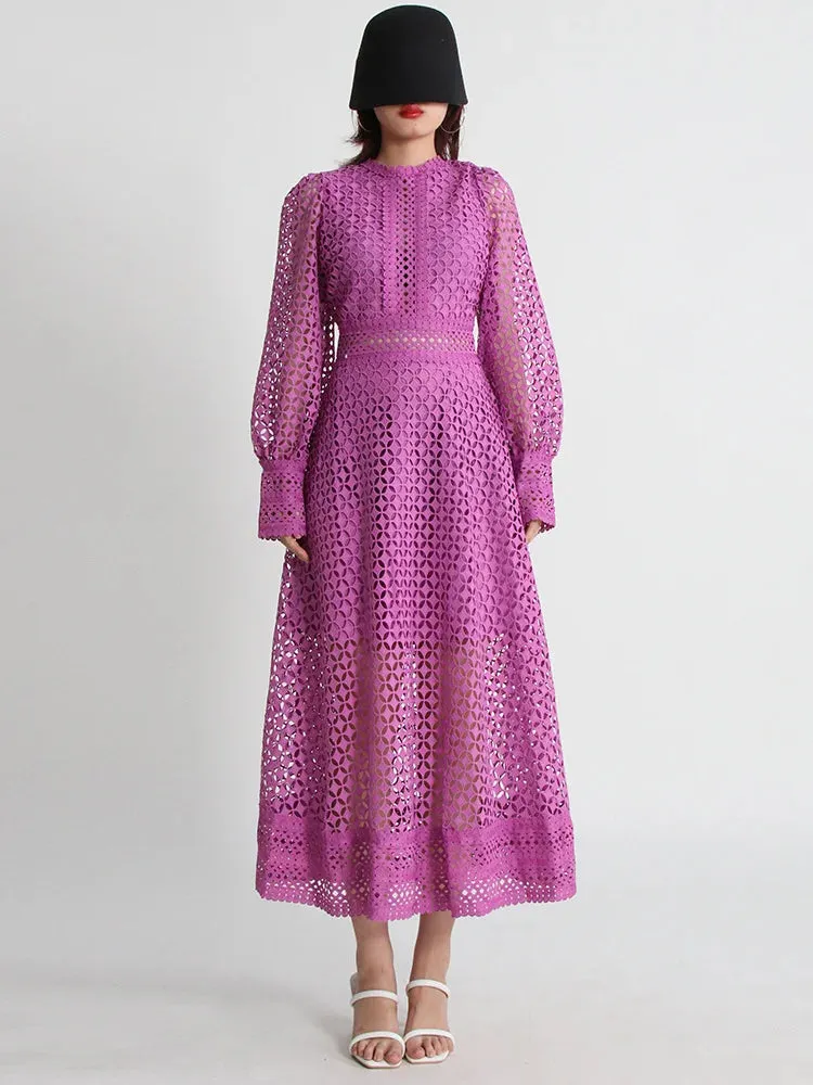 Minimalist Embroidered Cut-Out Lantern Sleeve Midi Dress