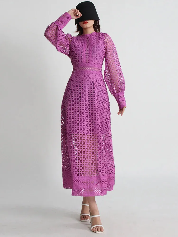 Minimalist Embroidered Cut-Out Lantern Sleeve Midi Dress