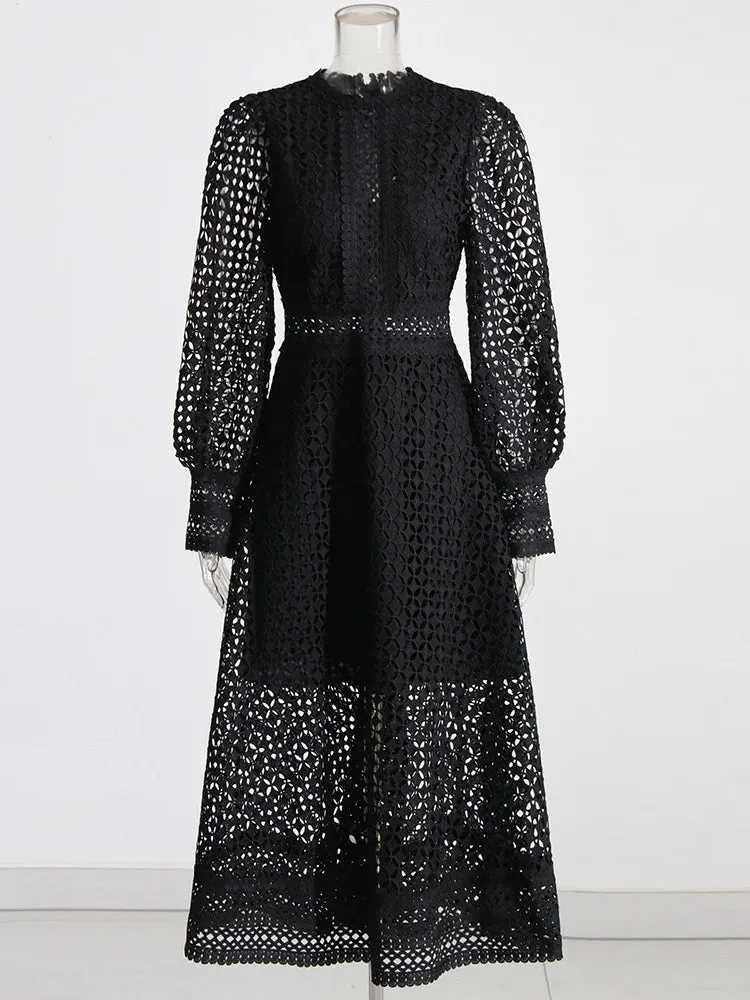 Minimalist Embroidered Cut-Out Lantern Sleeve Midi Dress