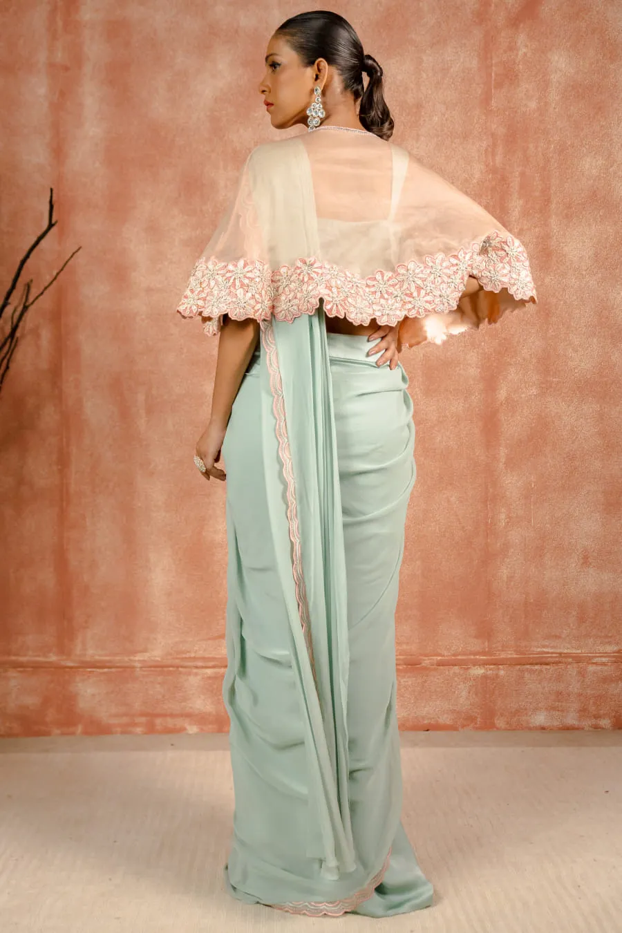 Peach and mint cape and pant saree set
