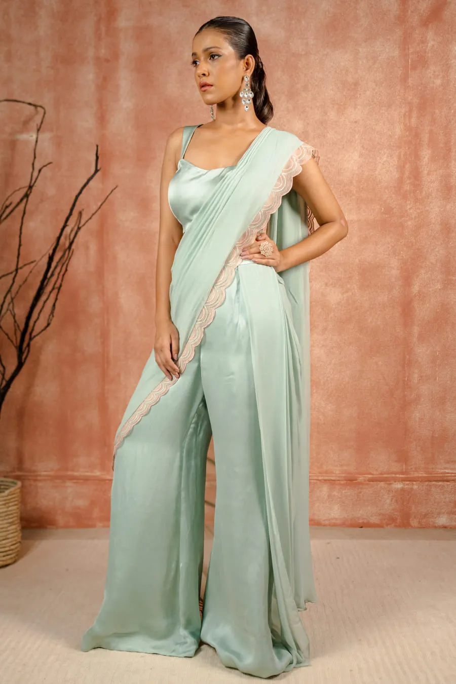 Peach and mint cape and pant saree set