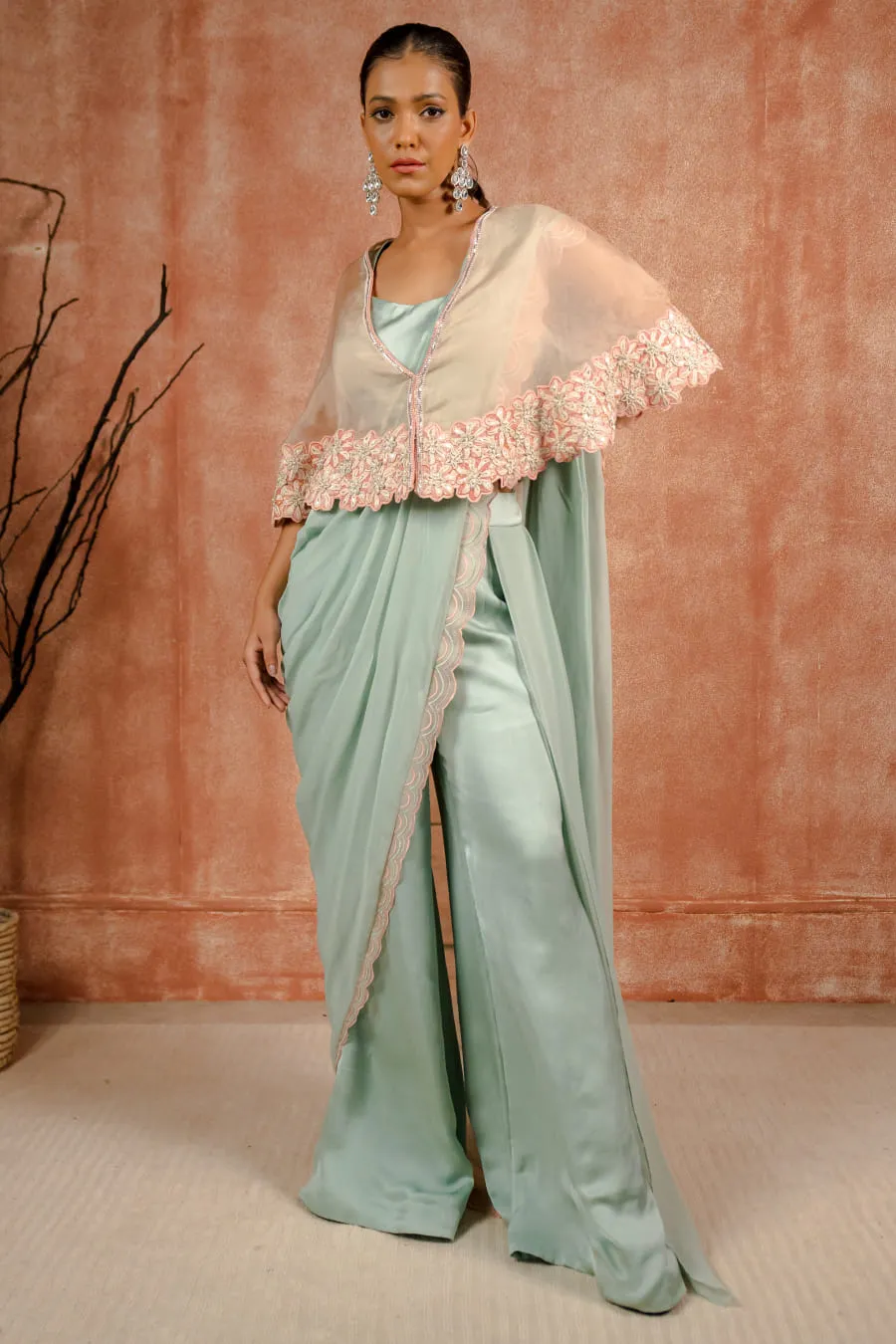 Peach and mint cape and pant saree set