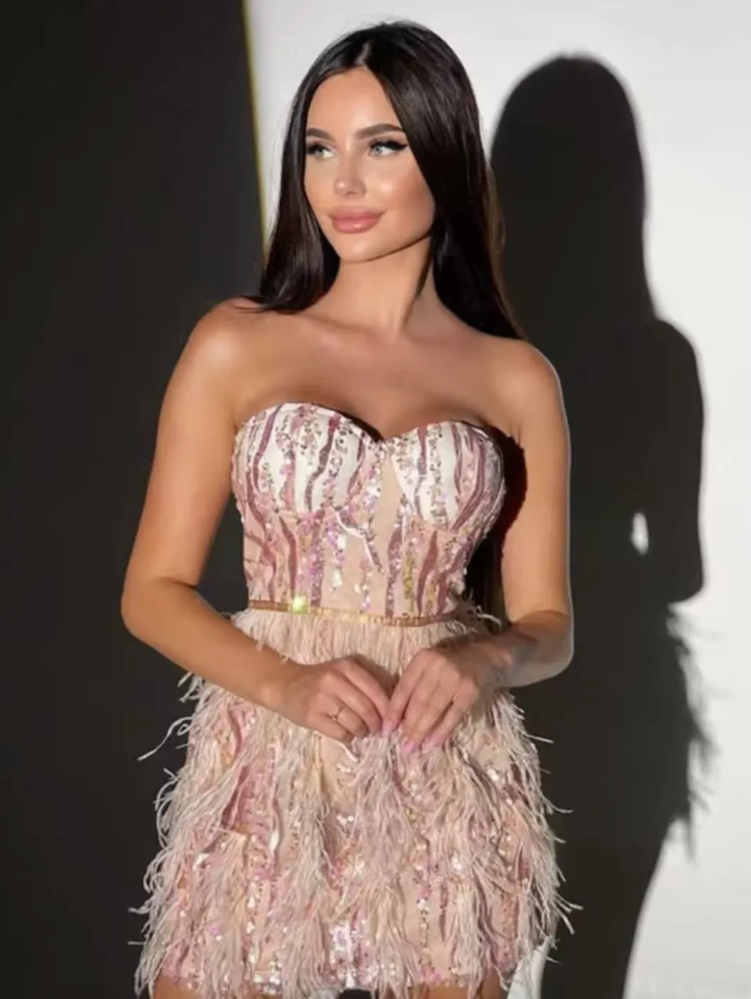 Rhinestones Dress Leotard Sequin Party Dress Outfit Prom Dress Bride Feathers Dress
