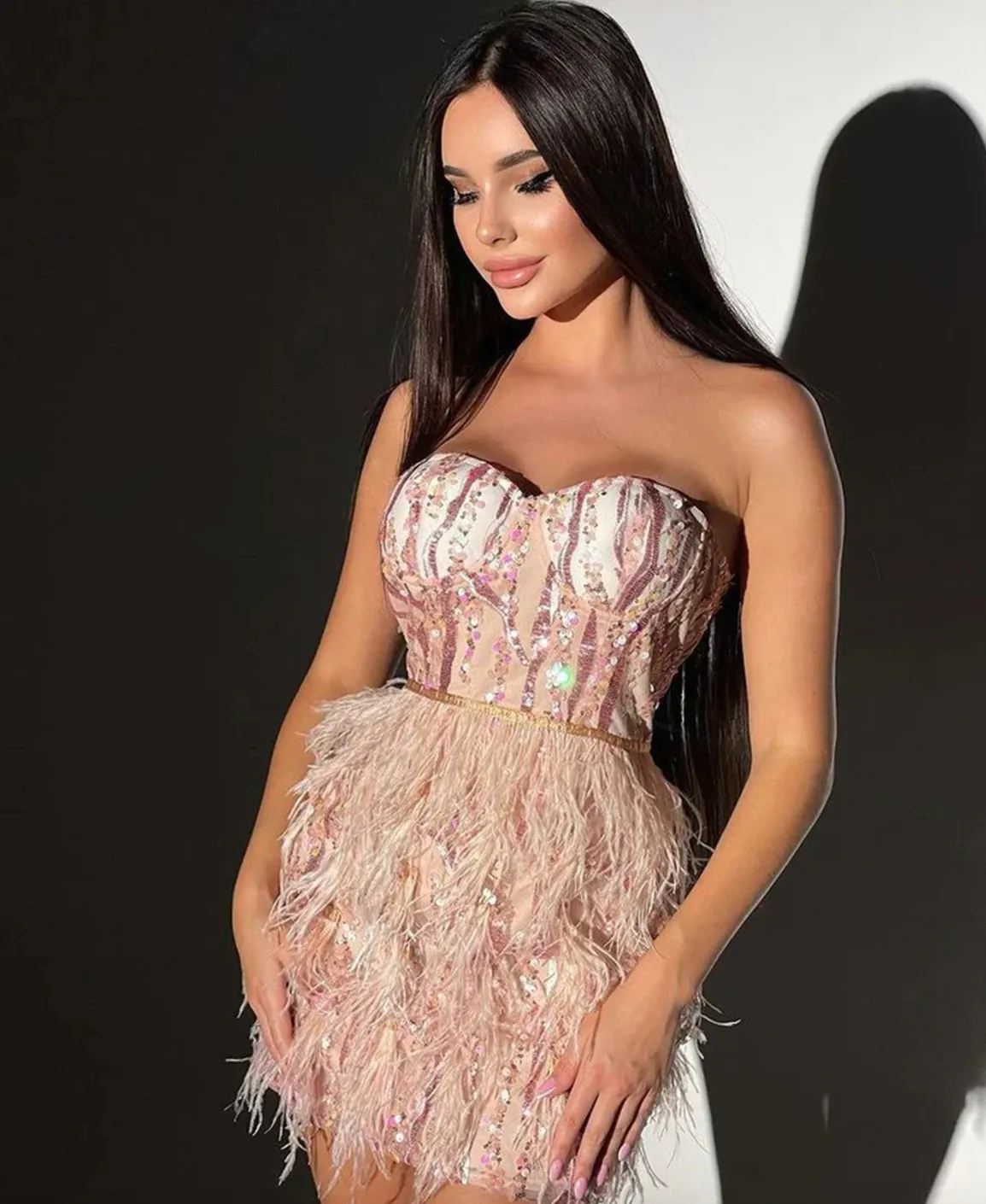 Rhinestones Dress Leotard Sequin Party Dress Outfit Prom Dress Bride Feathers Dress