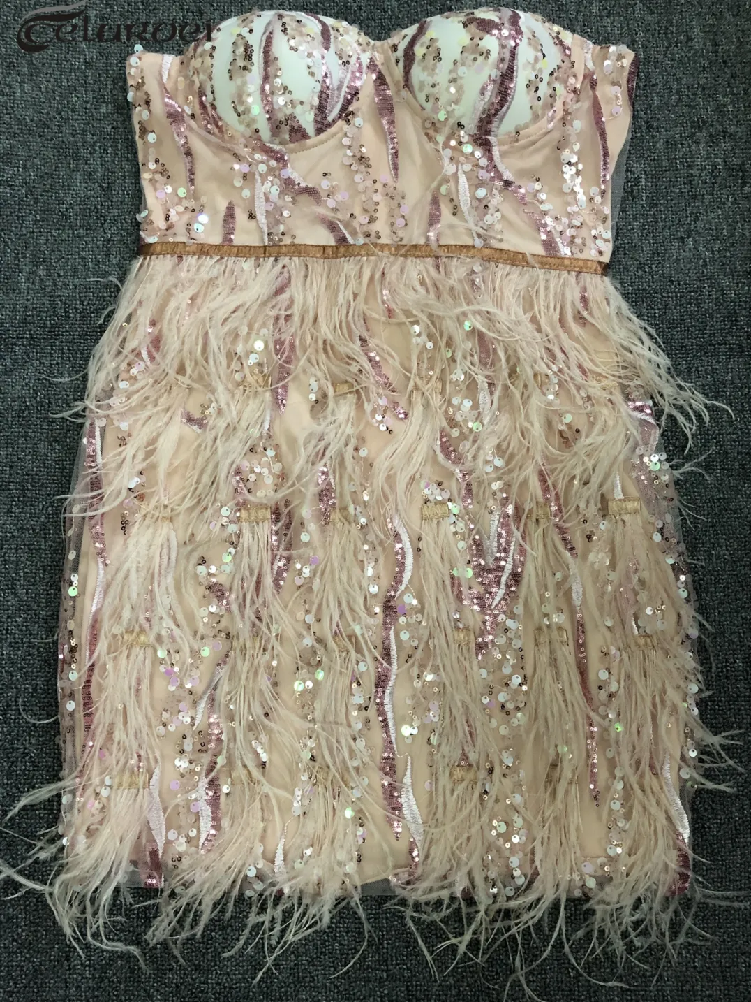 Rhinestones Dress Leotard Sequin Party Dress Outfit Prom Dress Bride Feathers Dress