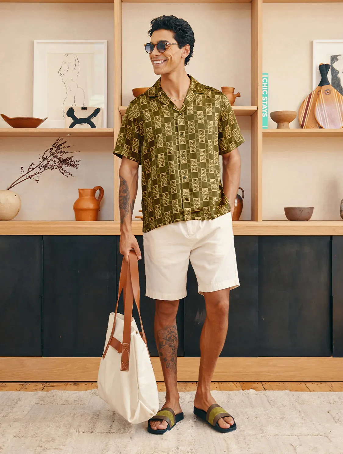 Roberto Silk Shirt Angra Clube Print - Spinach & Apricot