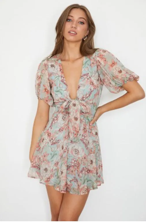 Rosa mint floral V neck 3/4 sleeves mini dress