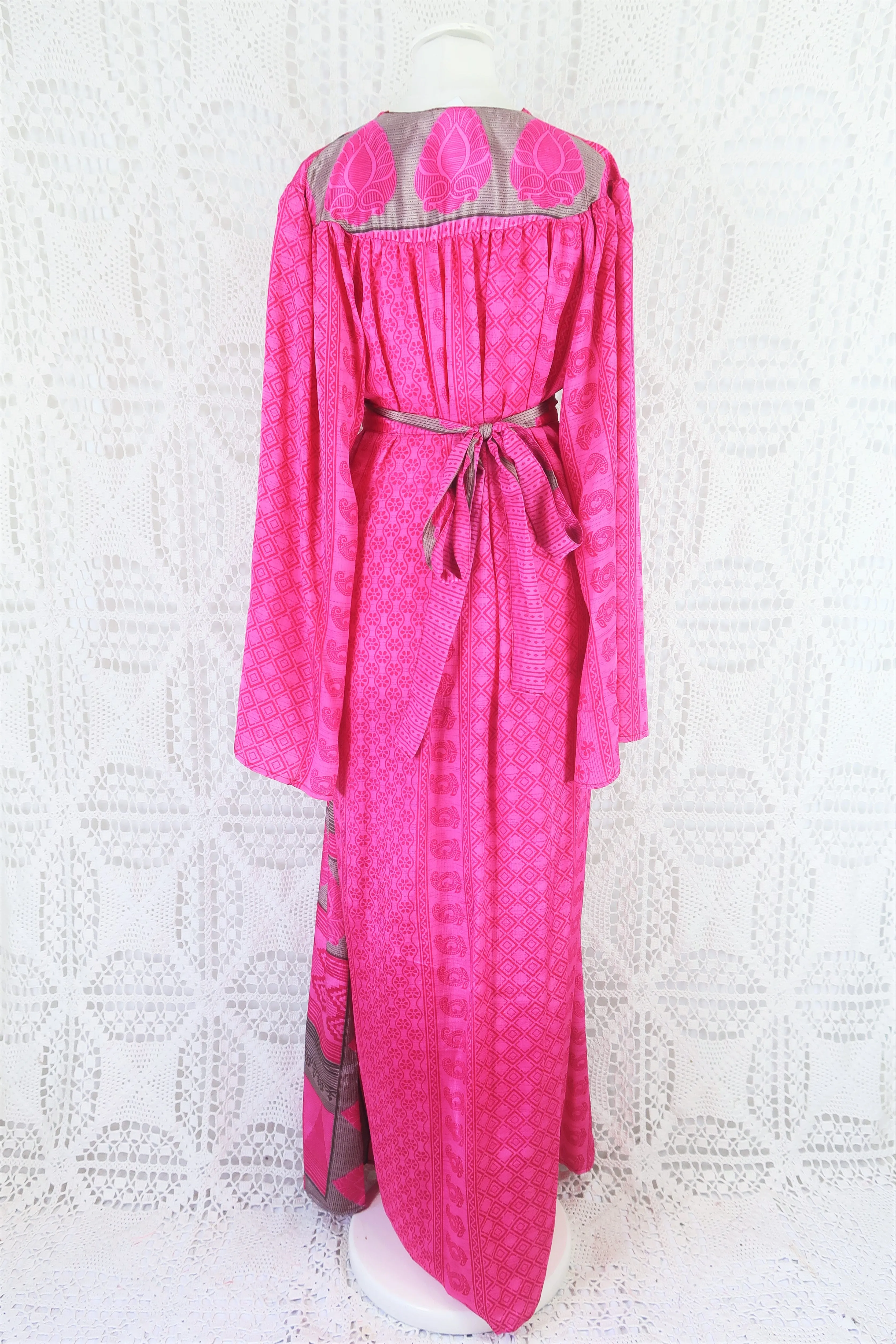 Stevie Maxi Dress - Vintage Indian Sari - Fuchsia & Slate Block Print - XS