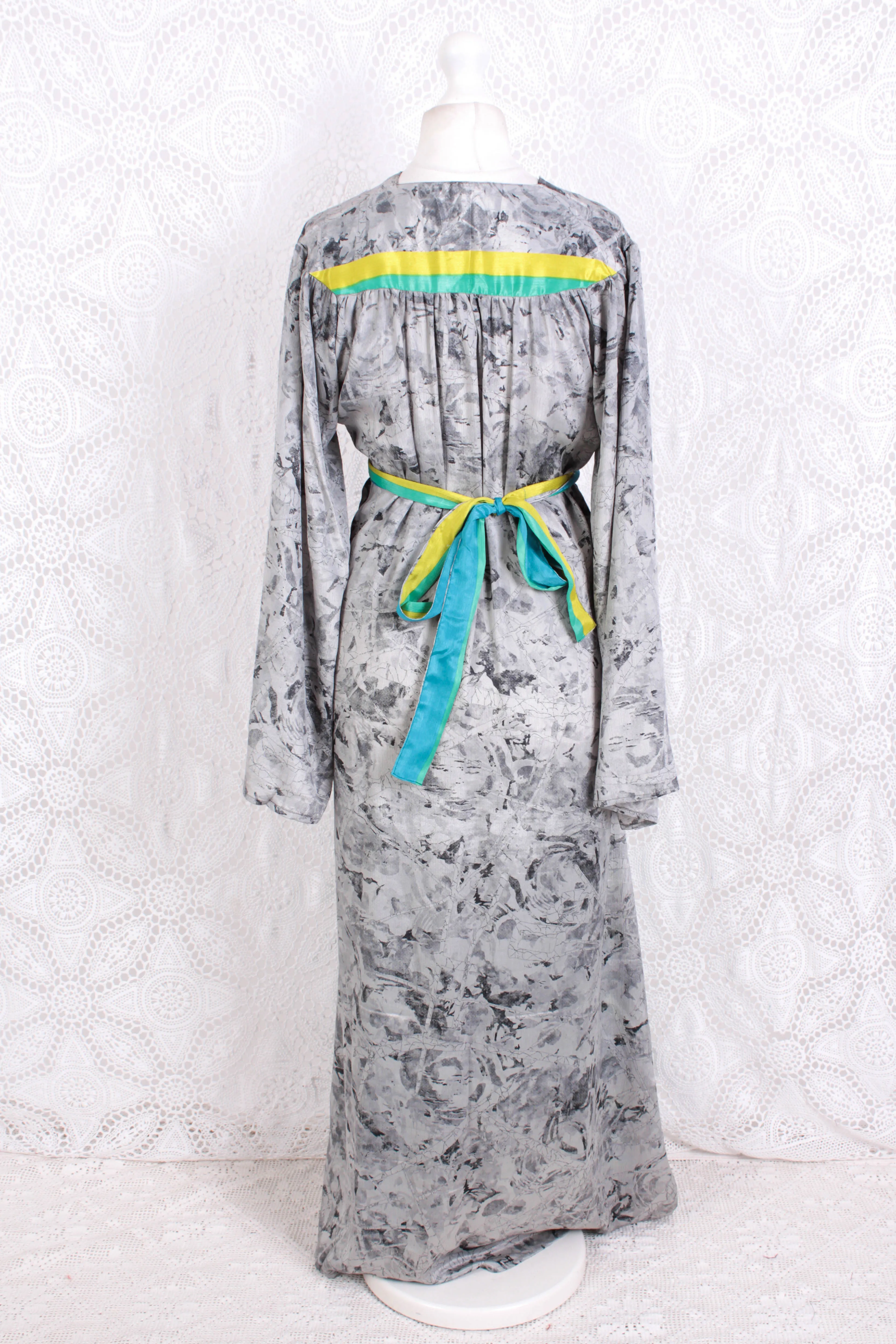 Stevie Maxi Dress - Vintage Indian Sari - Marbled Moon Grey - XS