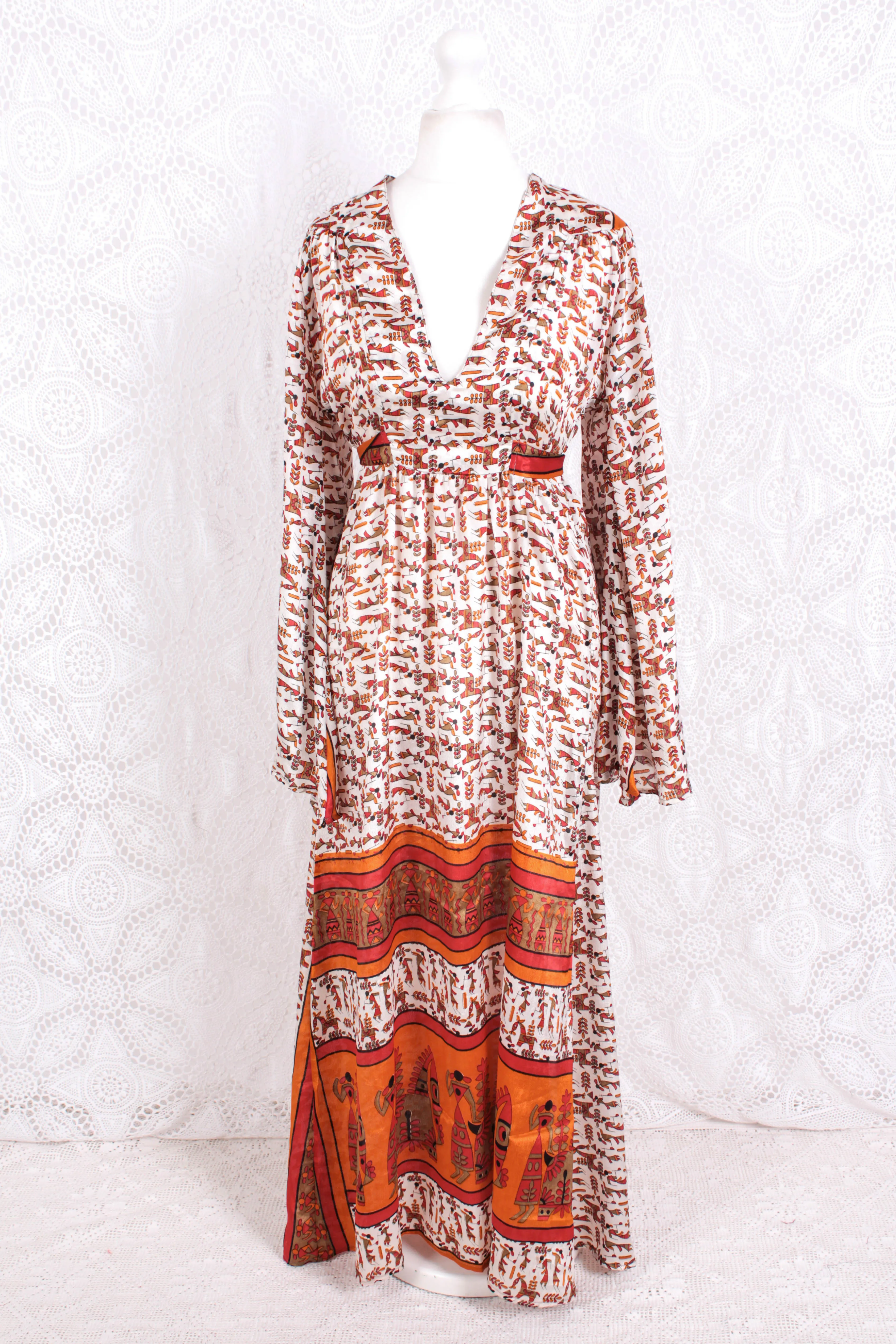 Stevie Maxi Dress - Vintage Indian Sari - Powder, Red & Amber Illustrations - XS